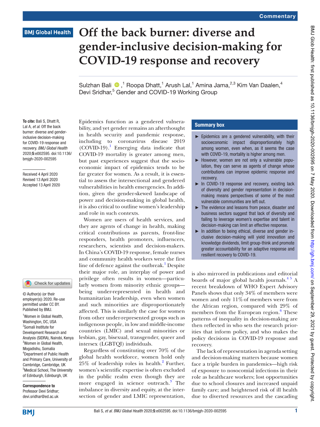 Diverse and Gender-Inclusive Decision-Making for COVID-19 Response