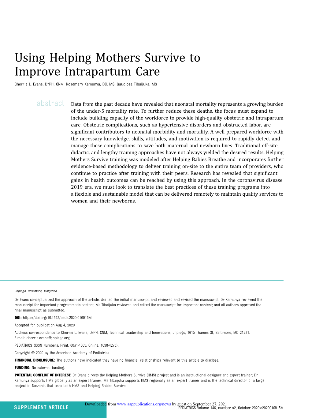 Using Helping Mothers Survive to Improve Intrapartum Care Cherrie L