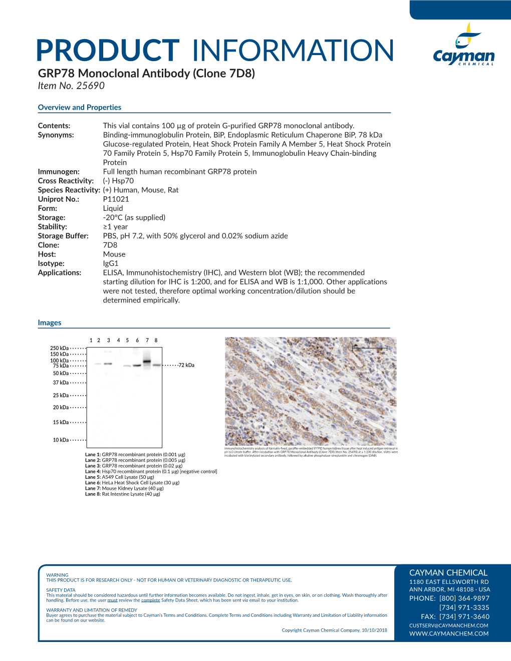 PRODUCT INFORMATION GRP78 Monoclonal Antibody (Clone 7D8) Item No