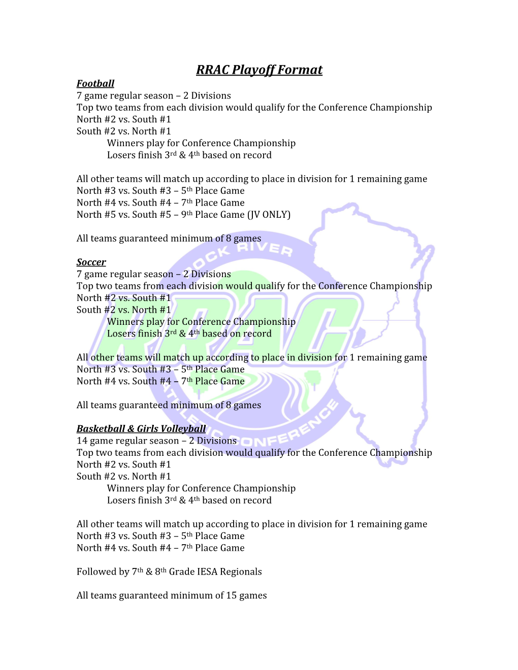 RRAC Playoff Format Football 7 Game Regular Season – 2 Divisions Top Two Teams from Each Division Would Qualify for the Conference Championship North #2 Vs