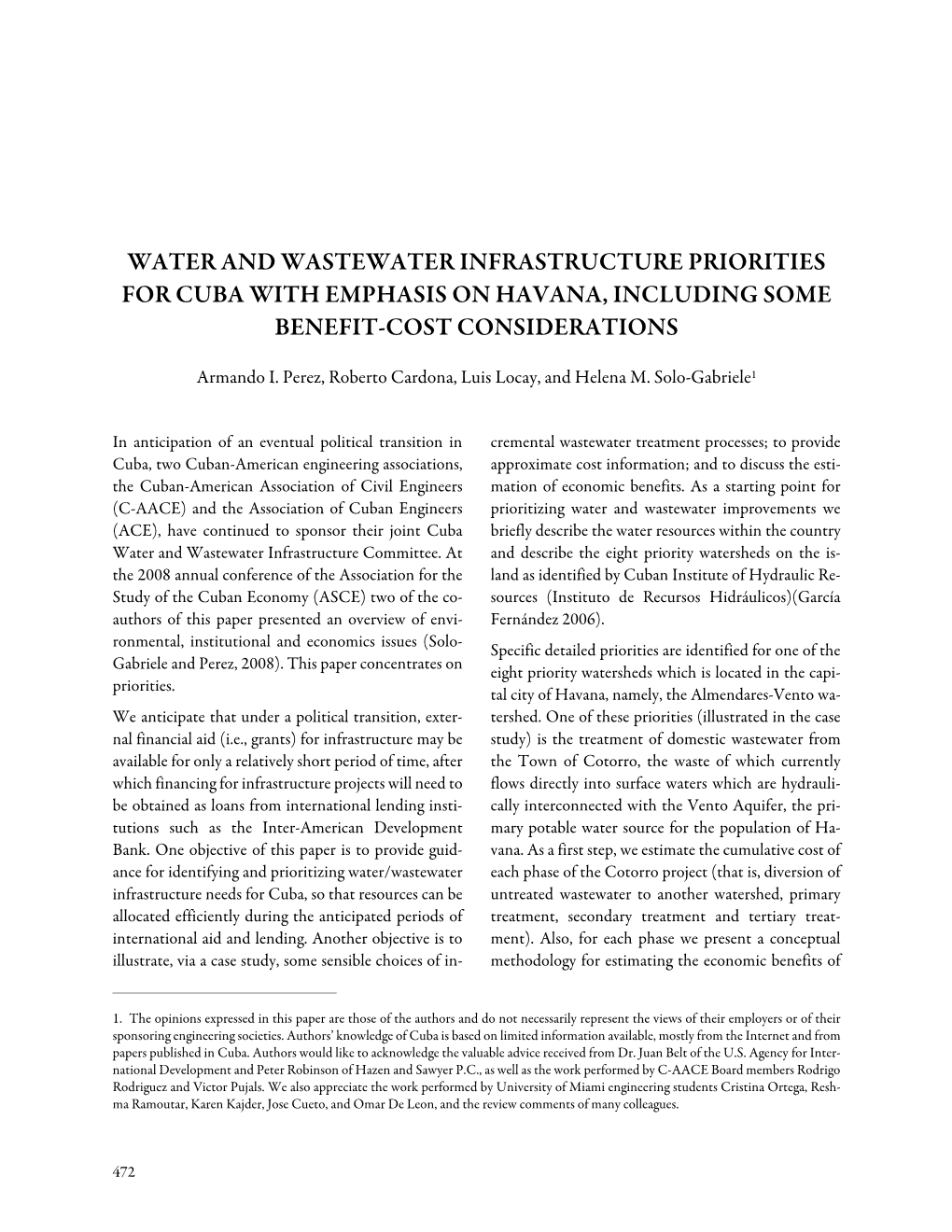 Water and Wastewater Infrastructure Priorities for Cuba with Emphasis on Havana, Including Some Benefit-Cost Considerations