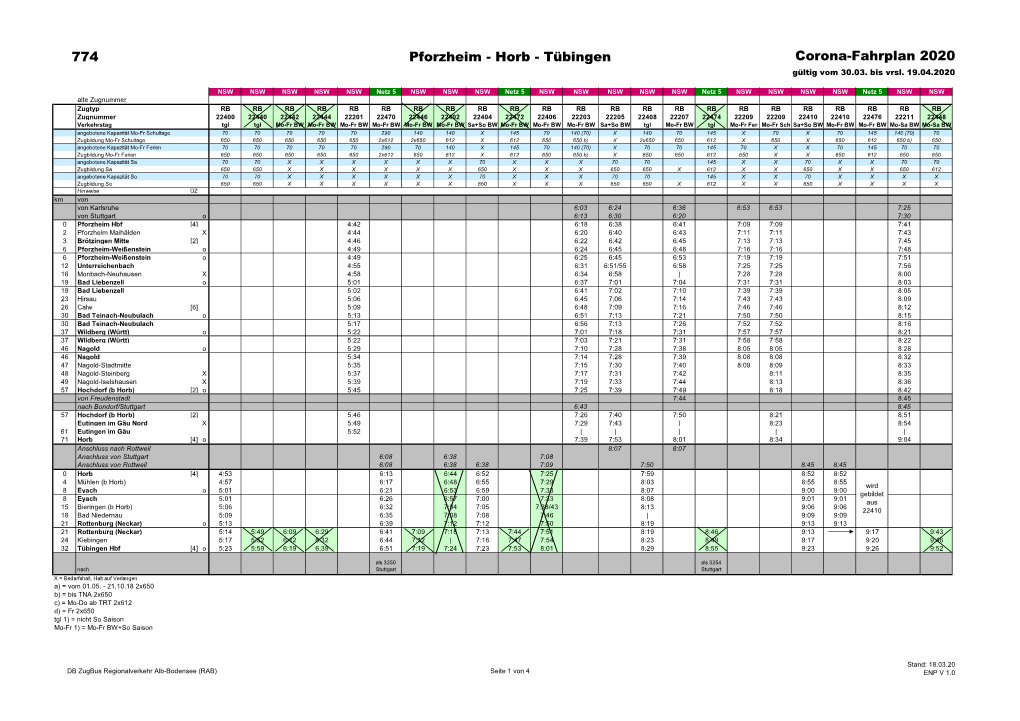 Horb - Tübingen Corona-Fahrplan 2020 Gültig Vom 30.03