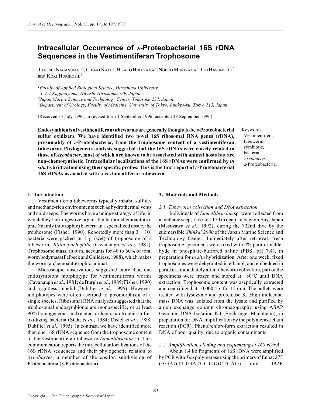 Intracellular Occurrence of Ε-Proteobacterial 16S Rdna Sequences in the Vestimentiferan Trophosome