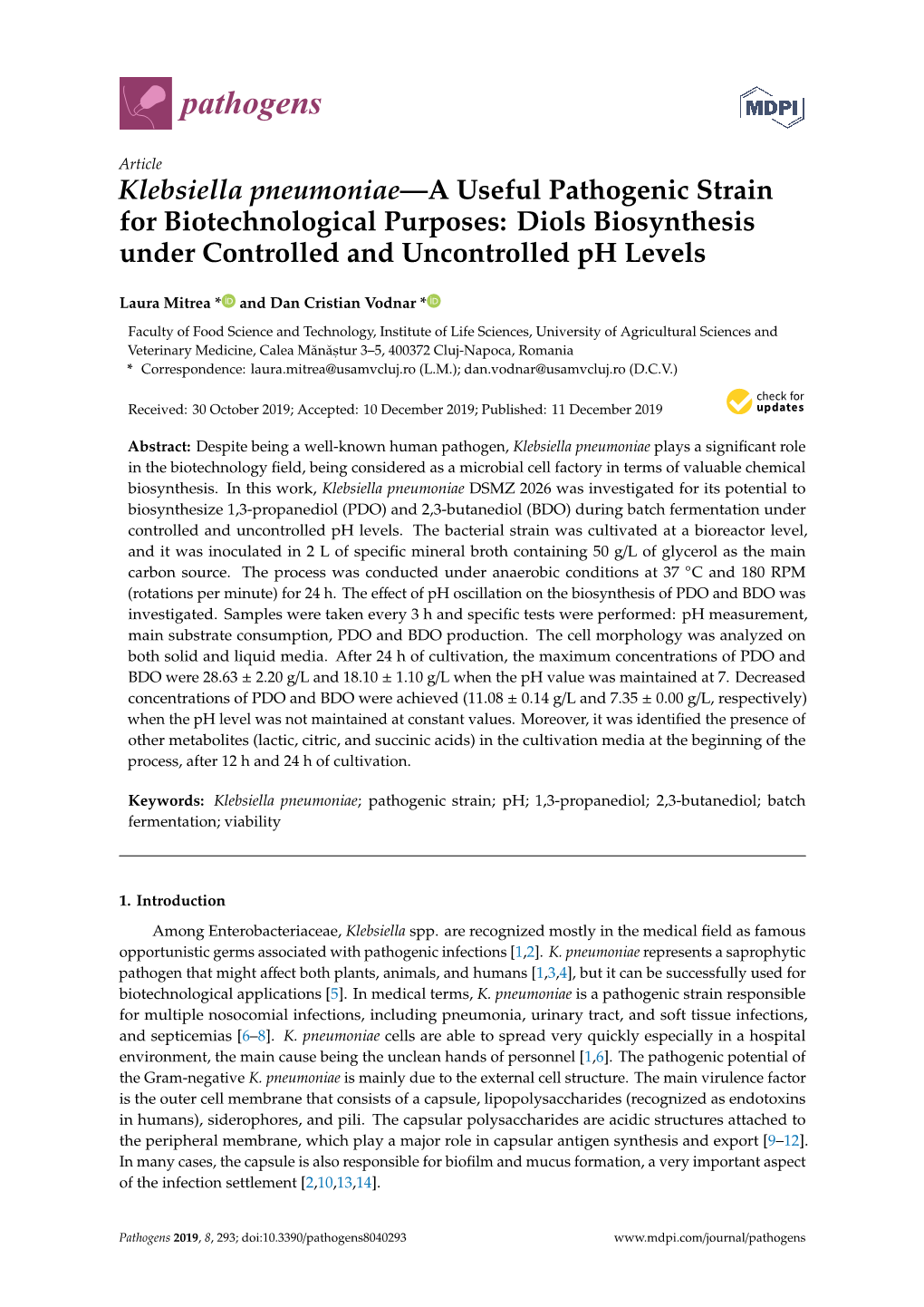 Klebsiella Pneumoniae—A Useful Pathogenic Strain for Biotechnological Purposes: Diols Biosynthesis Under Controlled and Uncontrolled Ph Levels