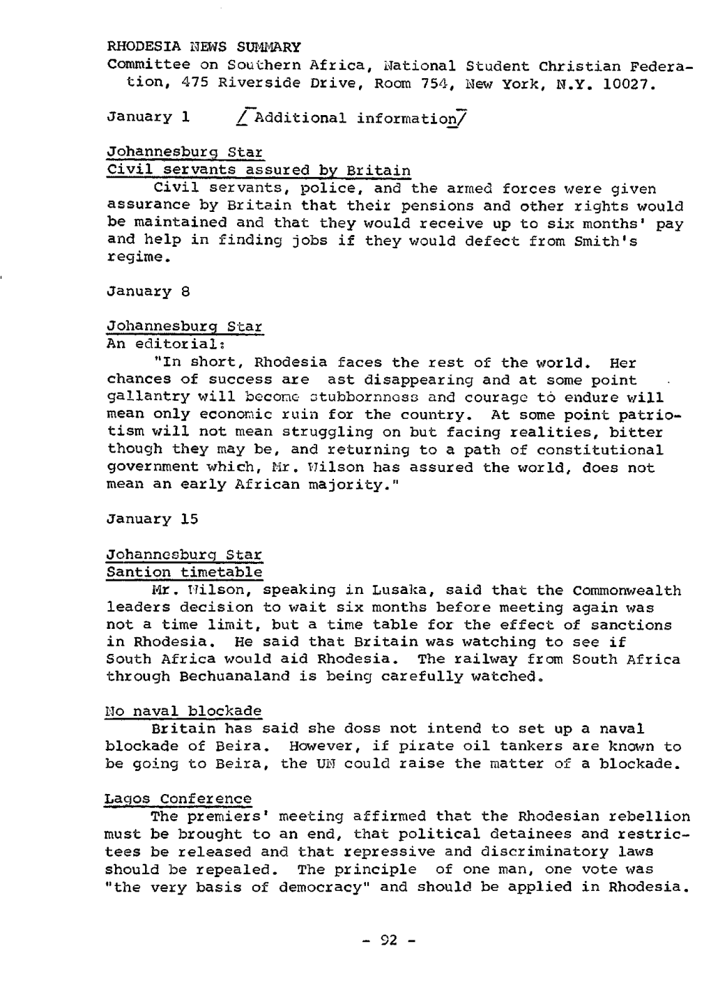 RHODESIA NEWS SU4MARY Committee on Southern Africa, National Student Christian Federa Tion, 475 Riverside Drive, Room 754, New York, N.Y