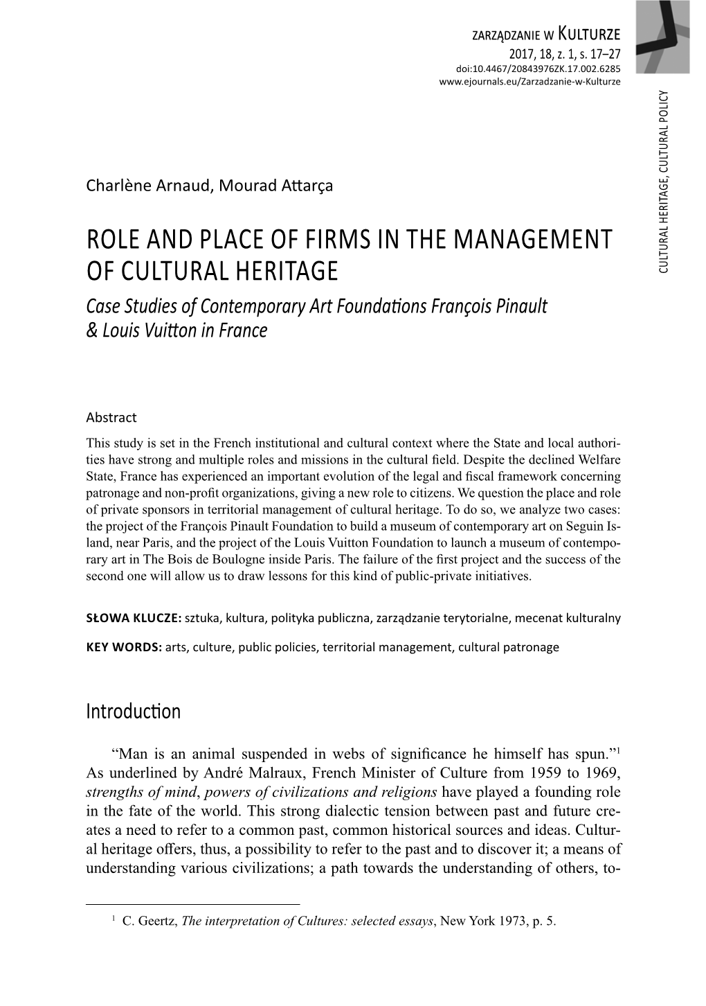 Role and Place of Firms in the Management of Cultural