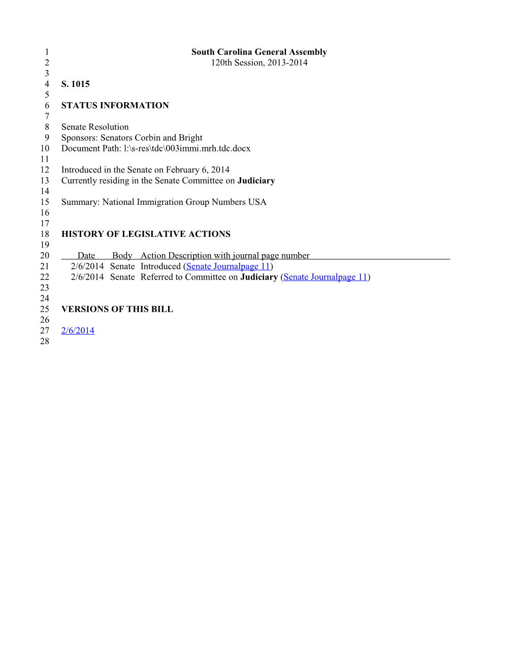 2013-2014 Bill 1015: National Immigration Group Numbers USA - South Carolina Legislature Online