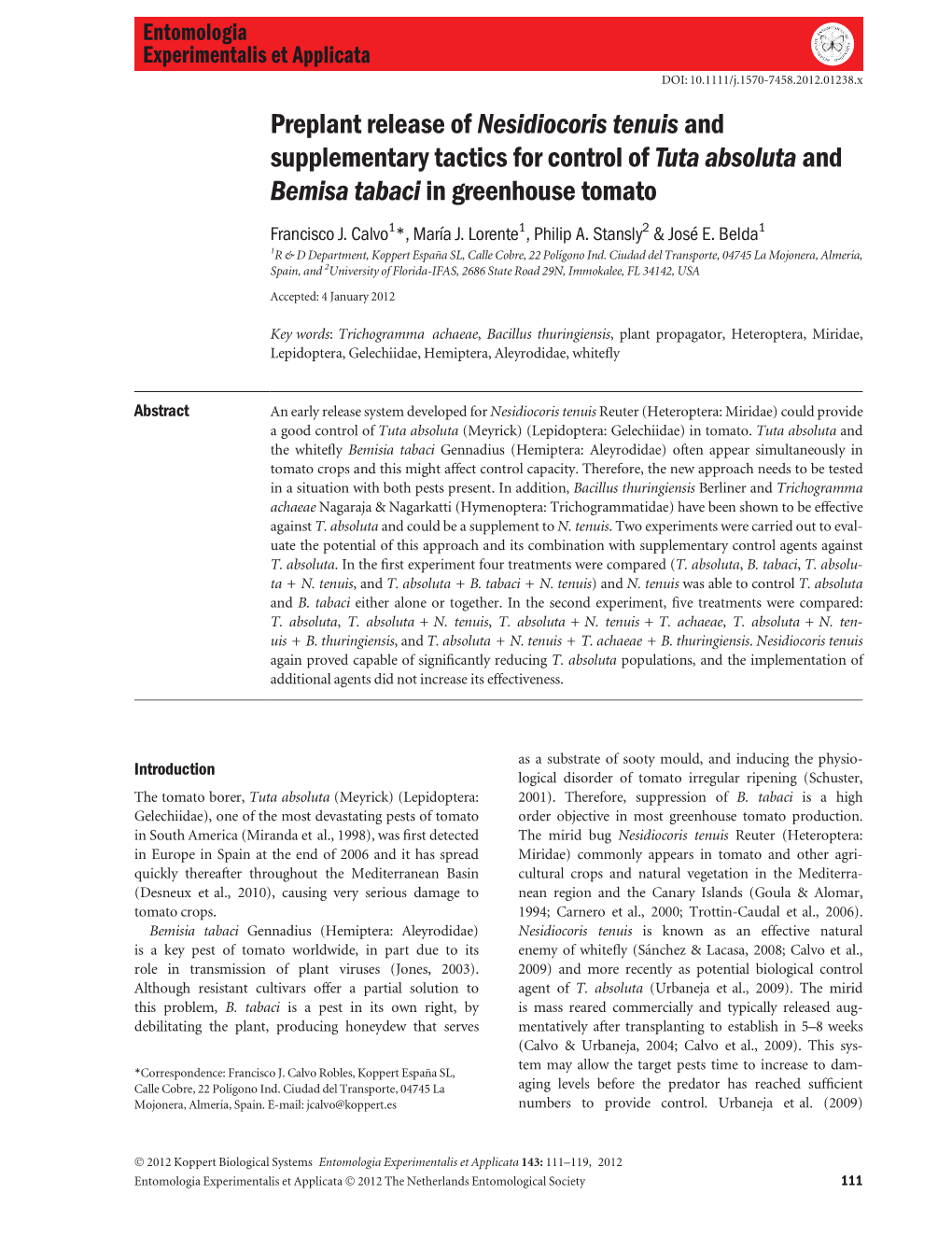 Preplant Release of Nesidiocoris Tenuis and Supplementary Tactics for Control of Tuta Absoluta and Bemisa Tabaci in Greenhouse Tomato
