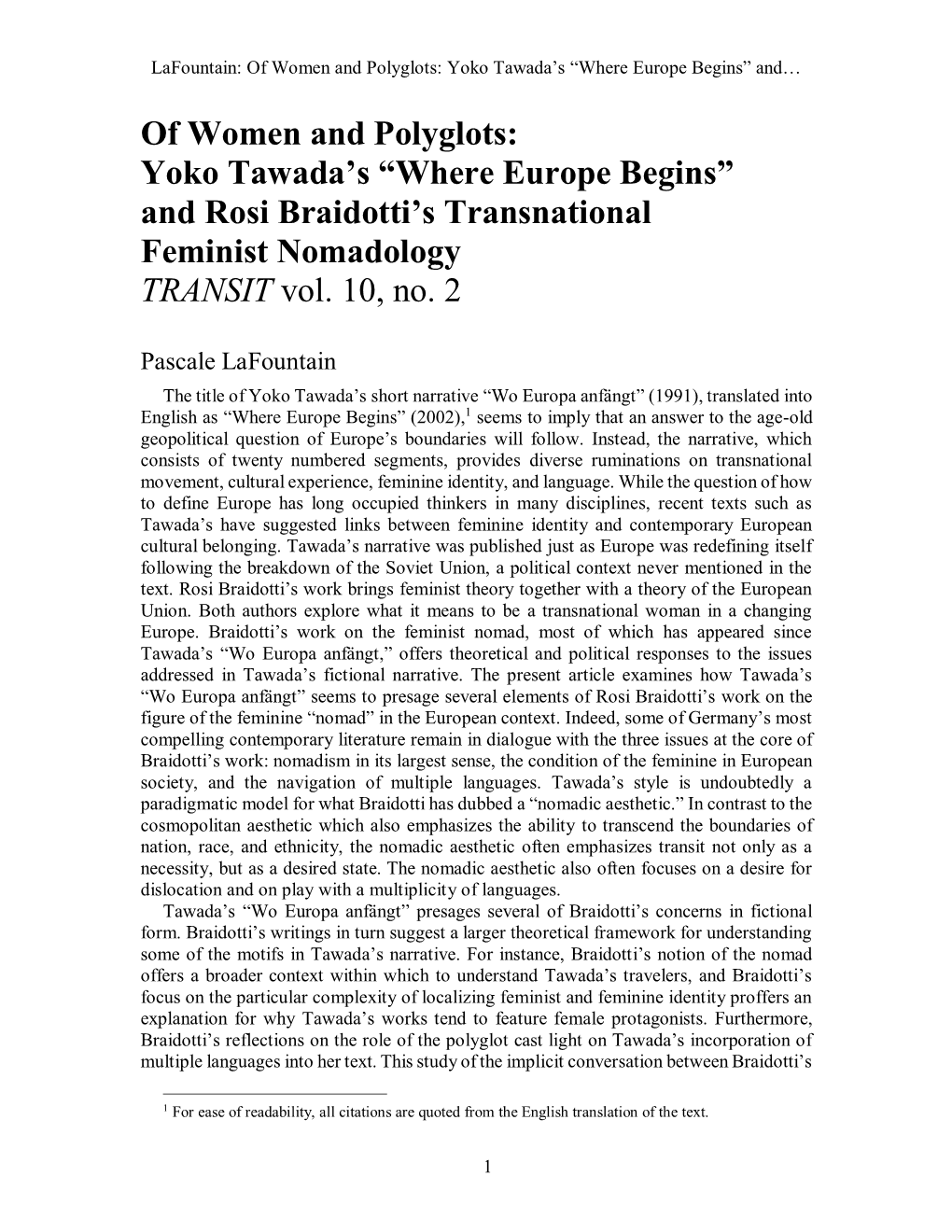 Yoko Tawada's “Where Europe Begins” and Rosi Braidotti's