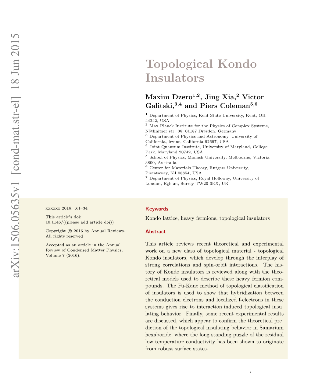 Topological Kondo Insulators Arxiv:1506.05635V1 [Cond-Mat.Str-El]