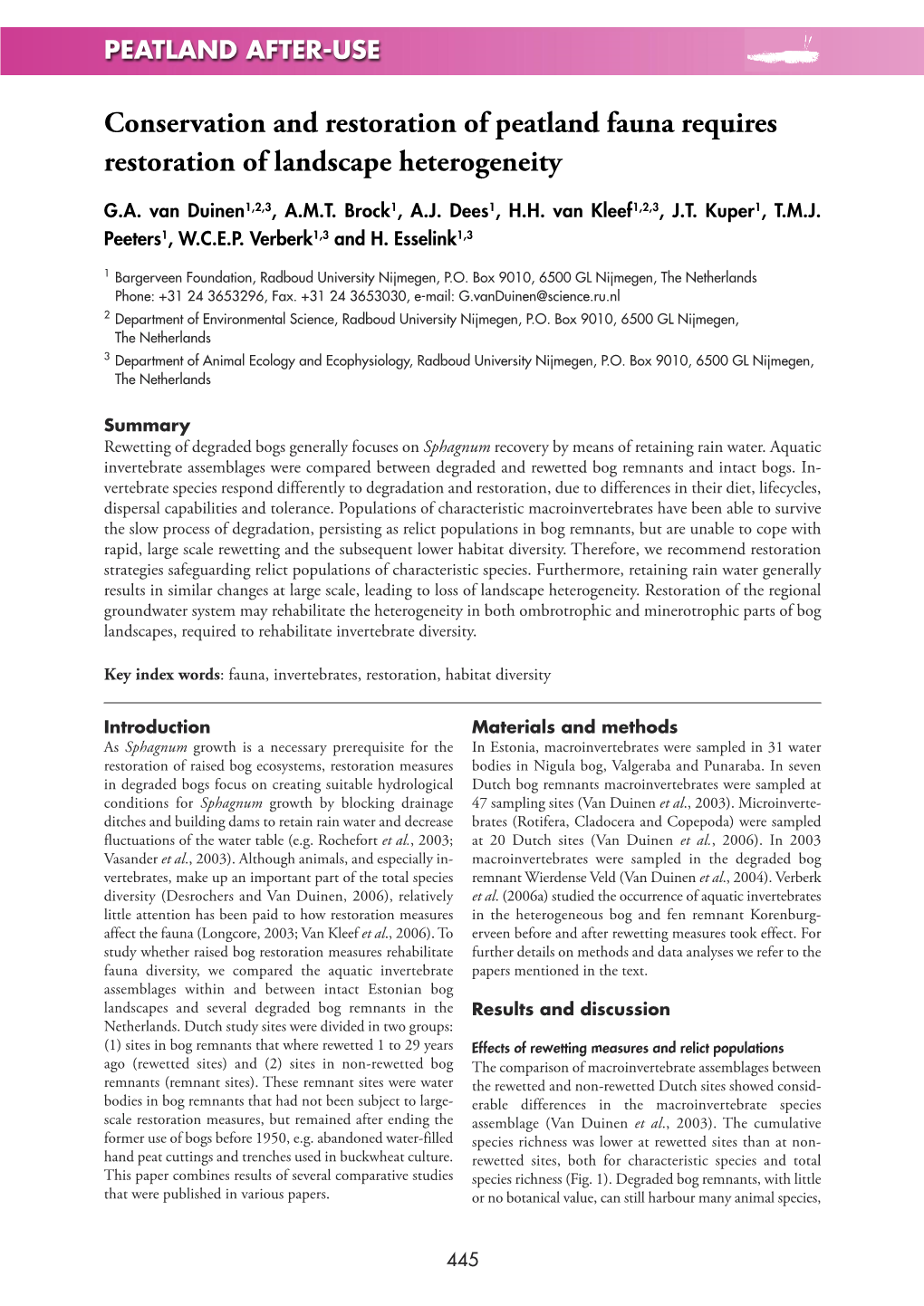 Conservation and Restoration of Peatland Fauna Requires Restoration of Landscape Heterogeneity