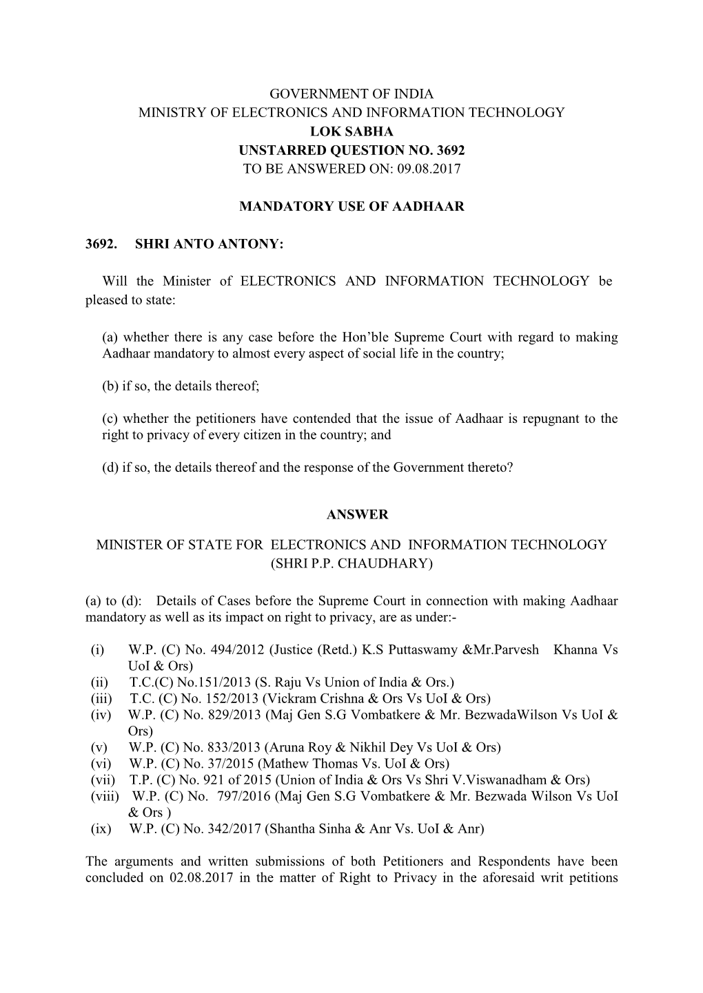 Government of India Ministry of Electronics and Information Technology Lok Sabha Unstarred Question No