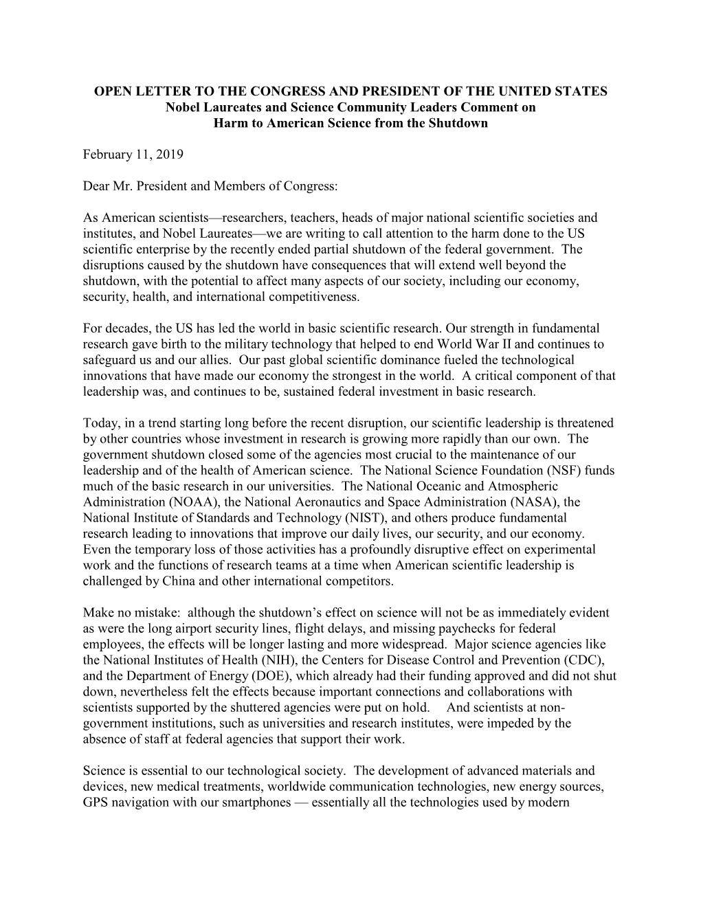 OPEN LETTER to the CONGRESS and PRESIDENT of the UNITED STATES Nobel Laureates and Science Community Leaders Comment on Harm to American Science from the Shutdown