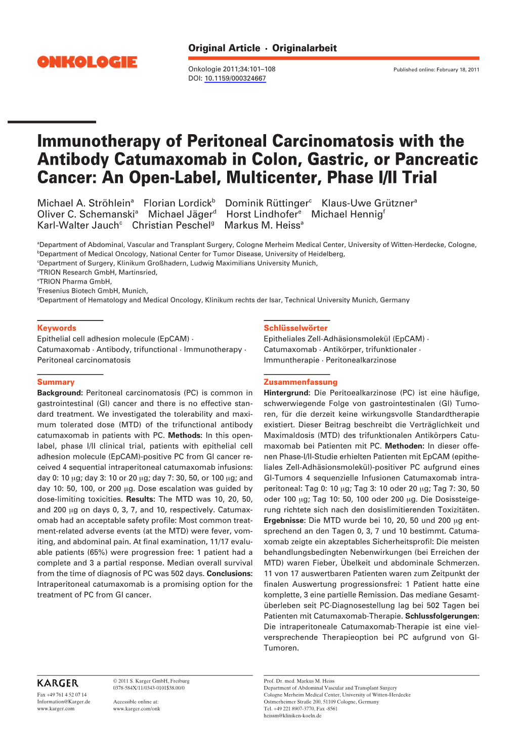 Immunotherapy of Peritoneal Carcinomatosis with the Antibody Catumaxomab in Colon, Gastric, Or Pancreatic Cancer: an Open-Label, Multicenter, Phase I/II Trial