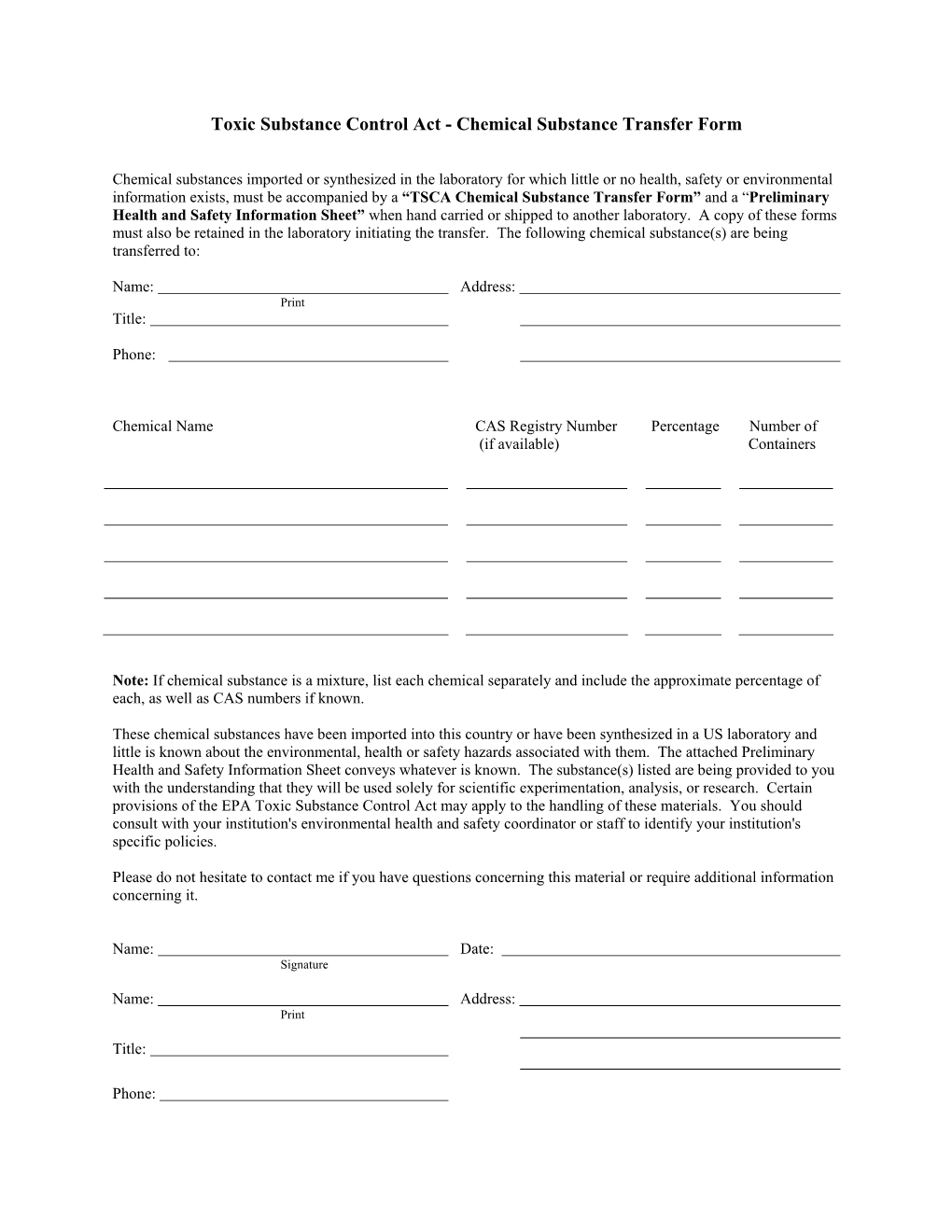 TSCA Chemical Substance Transfer Form” and a “Preliminary Health and Safety Information Sheet” When Hand Carried Or Shipped to Another Laboratory