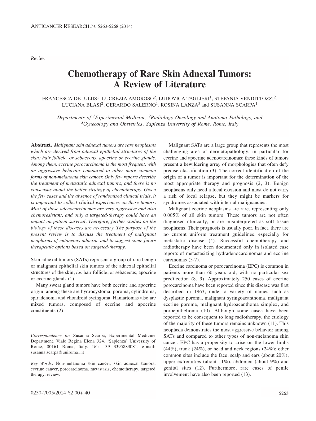 Chemotherapy of Rare Skin Adnexal Tumors: a Review of Literature