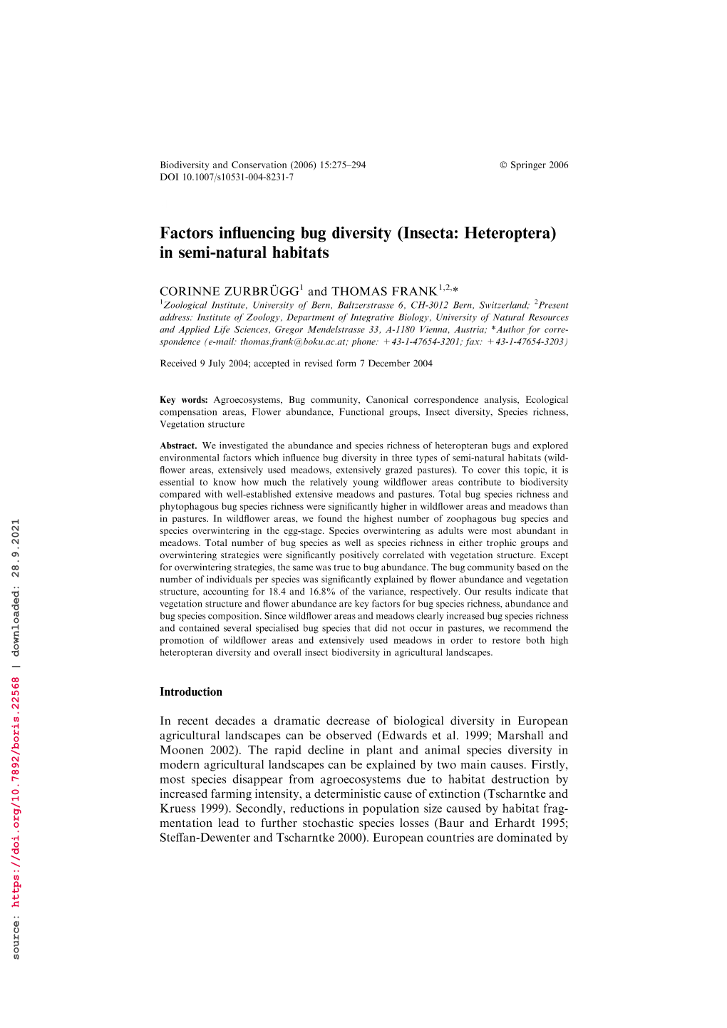 Factors Influencing Bug Diversity (Insecta: Heteroptera) in Semi-Natural Habitats