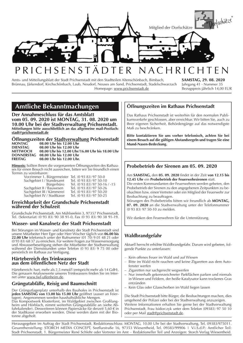 PRICHSENSTÄDTER NACHRICHTEN Amts- Und Mitteilungsblatt Der Stadt Prichsenstadt Mit Den Stadtteilen Altenschönbach, Bimbach, SAMSTAG, 29