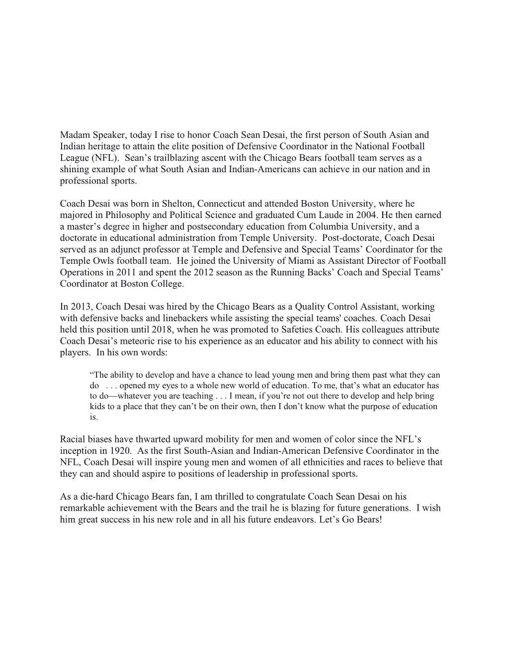 Madam Speaker, Today I Rise to Honor Coach Sean Desai, the First Person of South Asian and Indian Heritage to Attain the Elite P