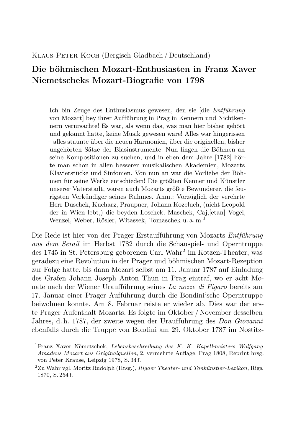 Die Böhmischen Mozart-Enthusiasten in Franz Xaver Niemetscheks Mozart-Biograﬁe Von 1798