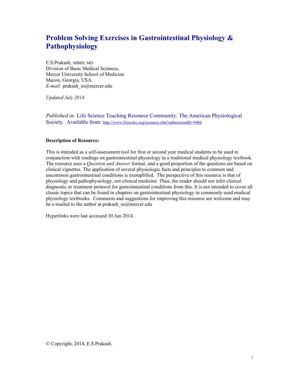 Problem Solving Exercises in Gastrointestinal Physiology & Pathophysiology