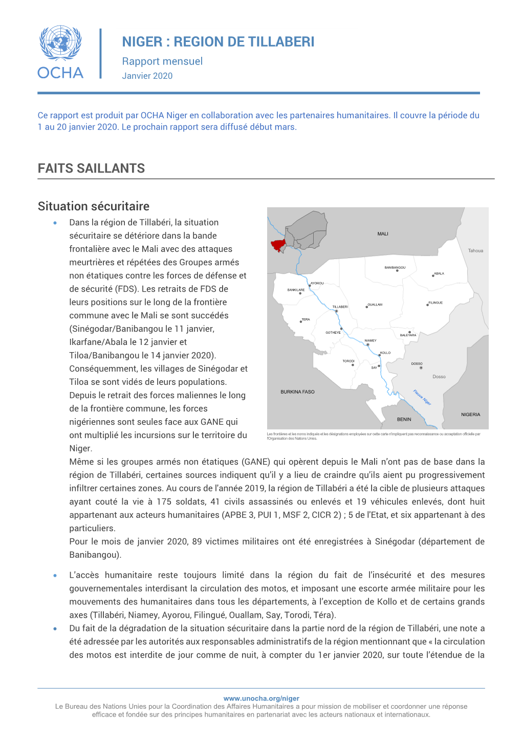 NIGER : REGION DE TILLABERI Rapport Mensuel Janvier 2020