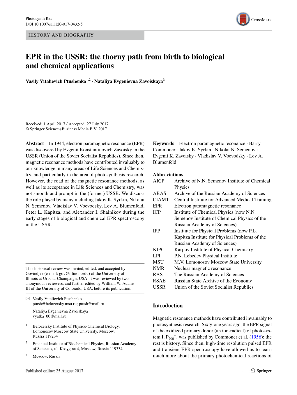 EPR in the USSR: the Thorny Path from Birth to Biological and Chemical Applications