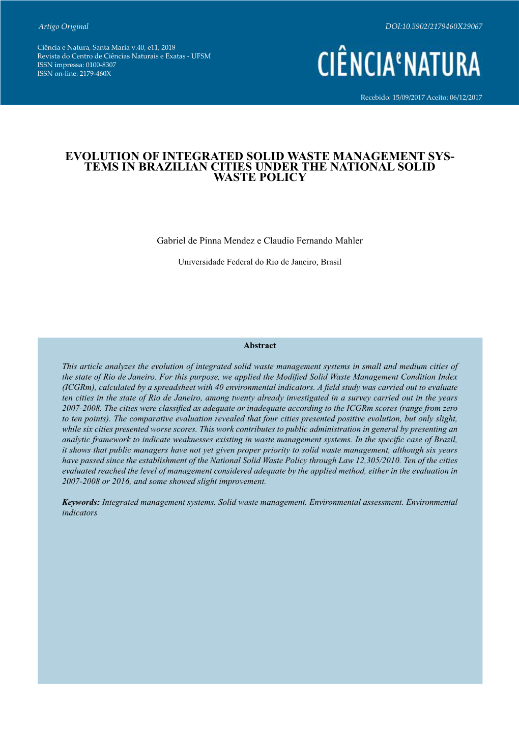 Evolution of Integrated Solid Waste Management Sys- Tems in Brazilian Cities Under the National Solid Waste Policy