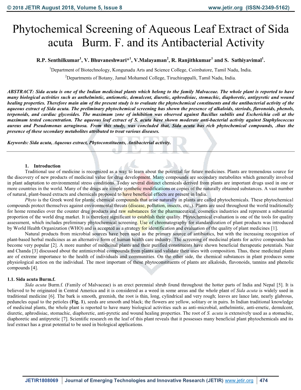 Phytochemical Screening of Aqueous Leaf Extract of Sida Acuta Burm. F