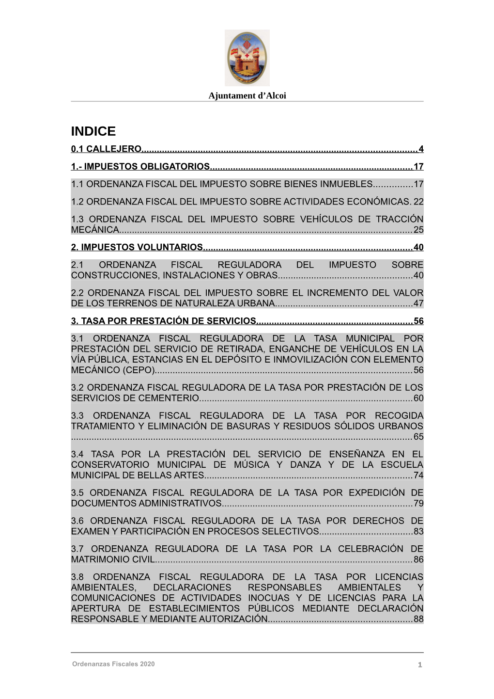 Ordenanzas Fiscales 2020 1 Ajuntament D’Alcoi