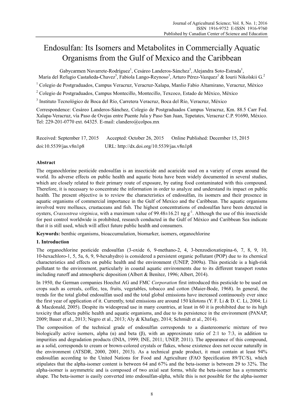 Endosulfan: Its Isomers and Metabolites in Commercially Aquatic Organisms from the Gulf of Mexico and the Caribbean