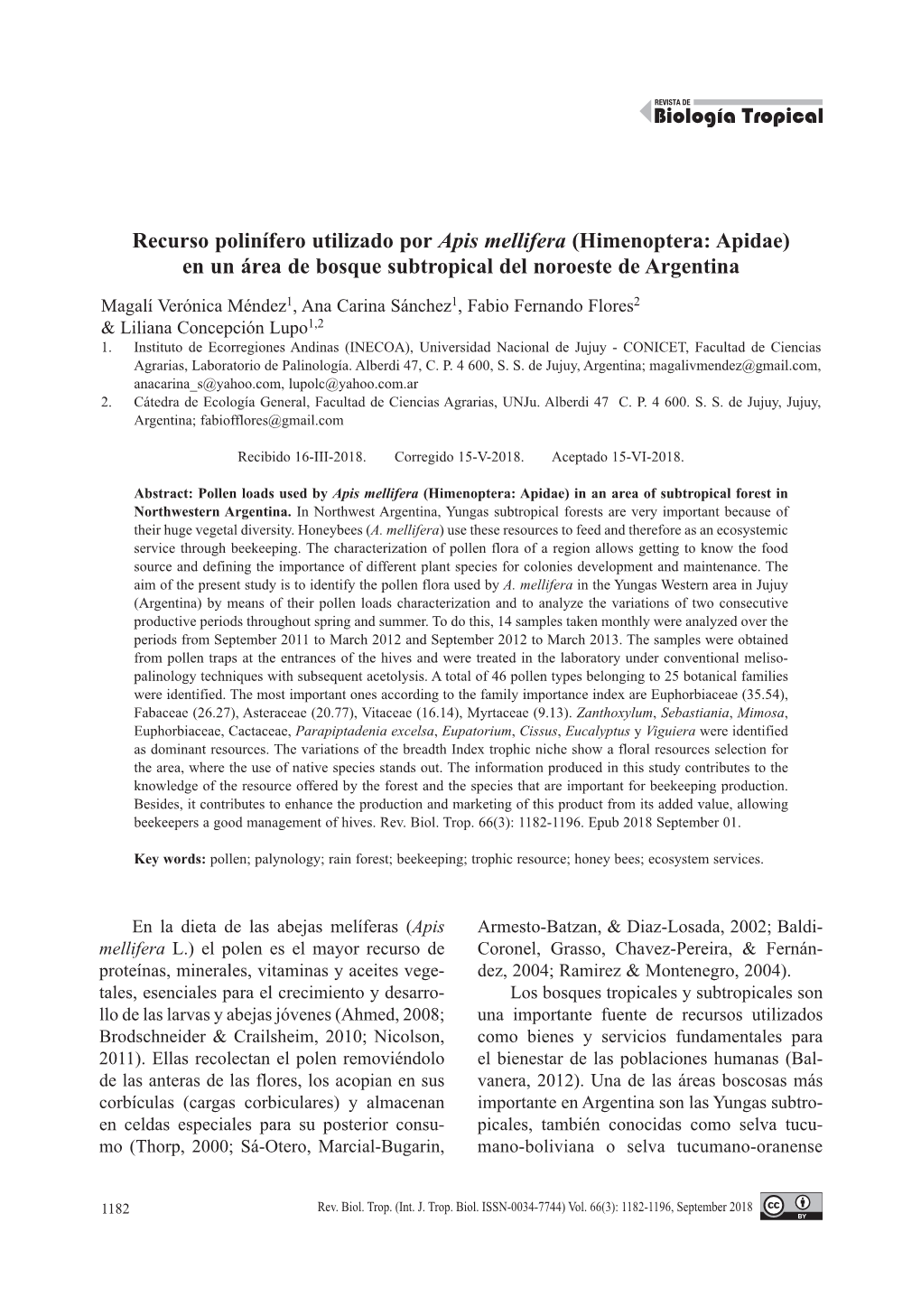 Recurso Polinífero Utilizado Por Apis Mellifera (Himenoptera: Apidae) En Un Área De Bosque Subtropical Del Noroeste De Argentina