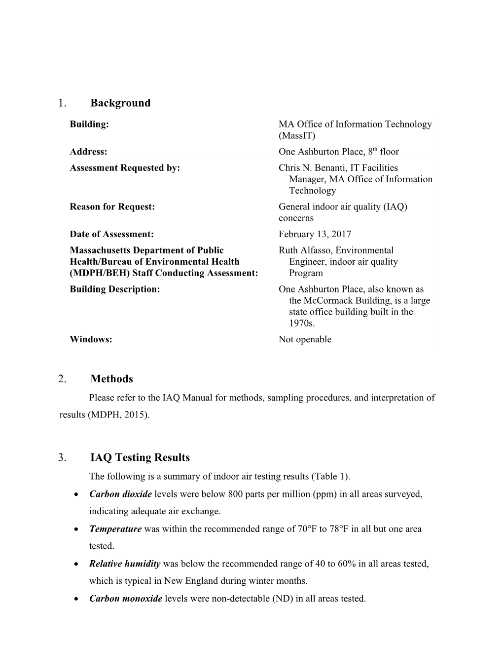 Indoor Air Quality Assessment - One Ashburton Place, 8Th Floor, Massachusetts Office Of