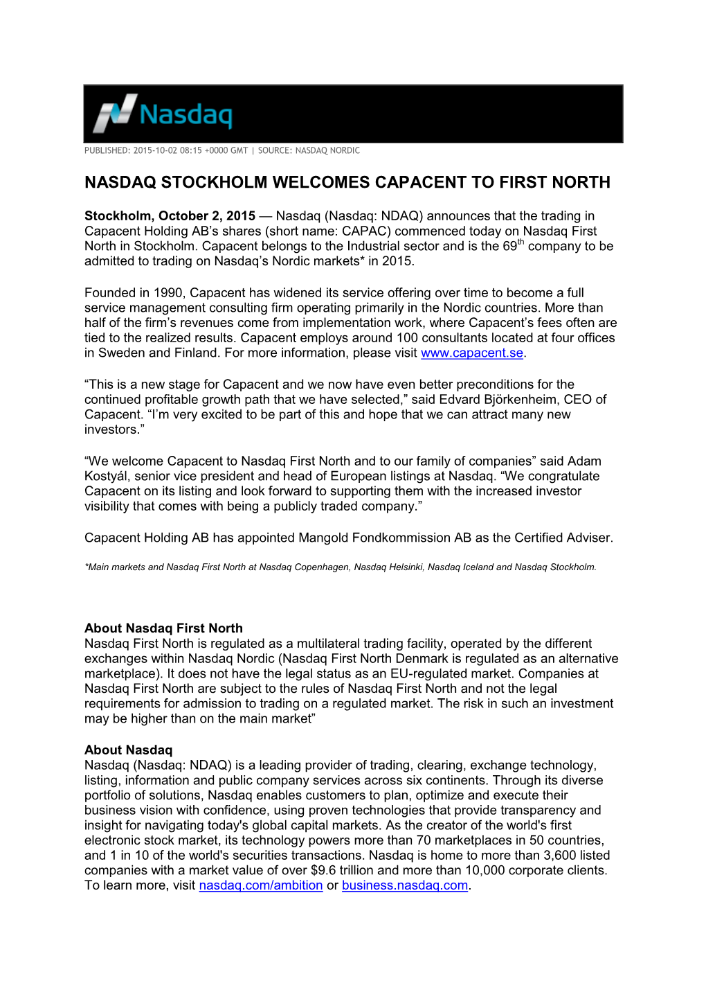 Nasdaq Stockholm Welcomes Capacent to First North