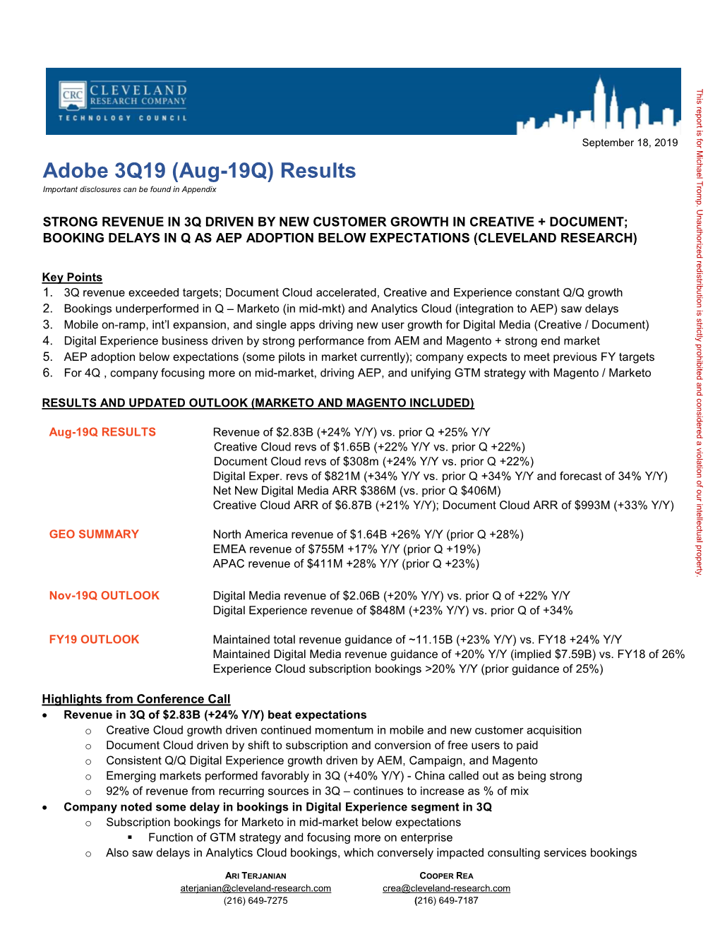 Adobe 3Q19 (Aug-19Q) Results Important Disclosures Can Be Found in Appendix