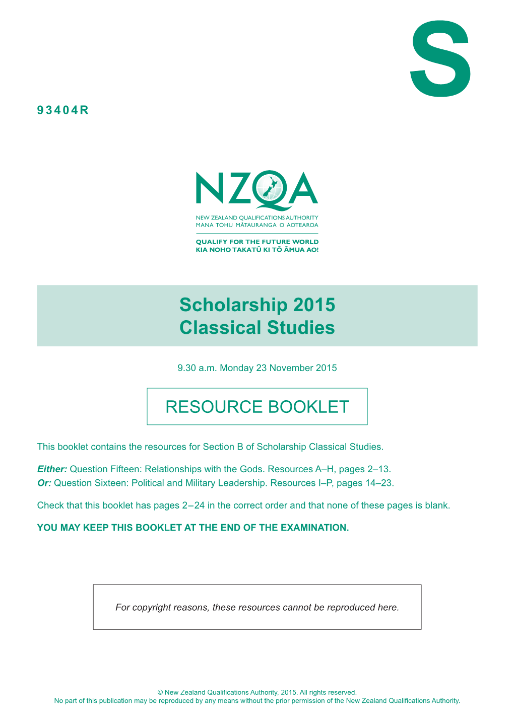 Scholarship Classical Studies (93404) 2015