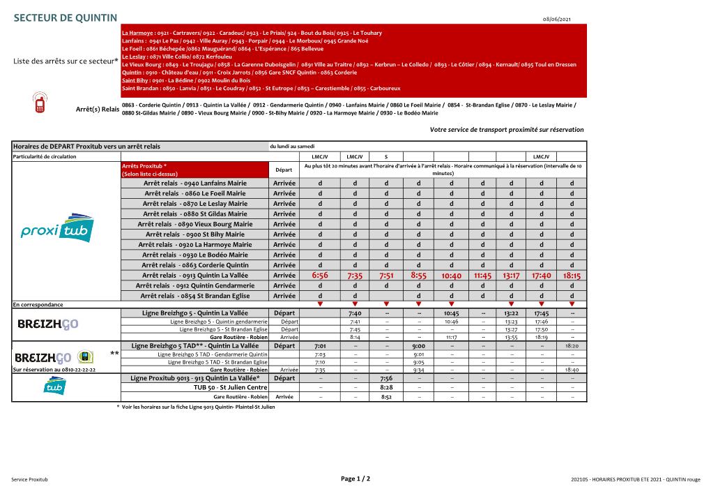 Horaires Proxitub Secteur Quintin ETE 2021