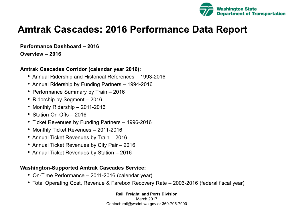 Amtrak Cascades: 2016 Performance Data Report