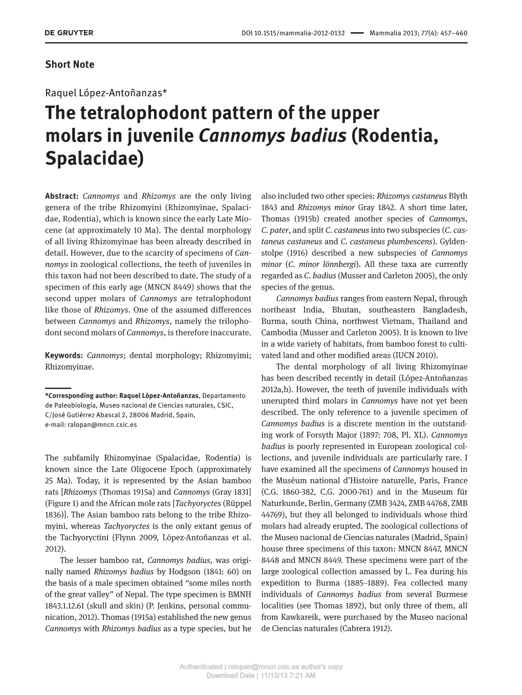 The Tetralophodont Pattern of the Upper Molars in Juvenile Cannomys Badius (Rodentia, Spalacidae)