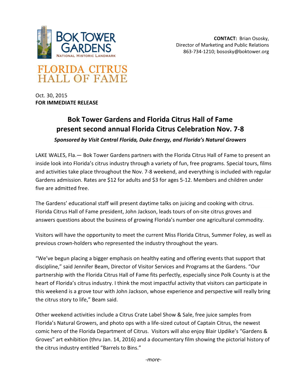Bok Tower Gardens and Florida Citrus Hall of Fame Present Second Annual Florida Citrus Celebration Nov