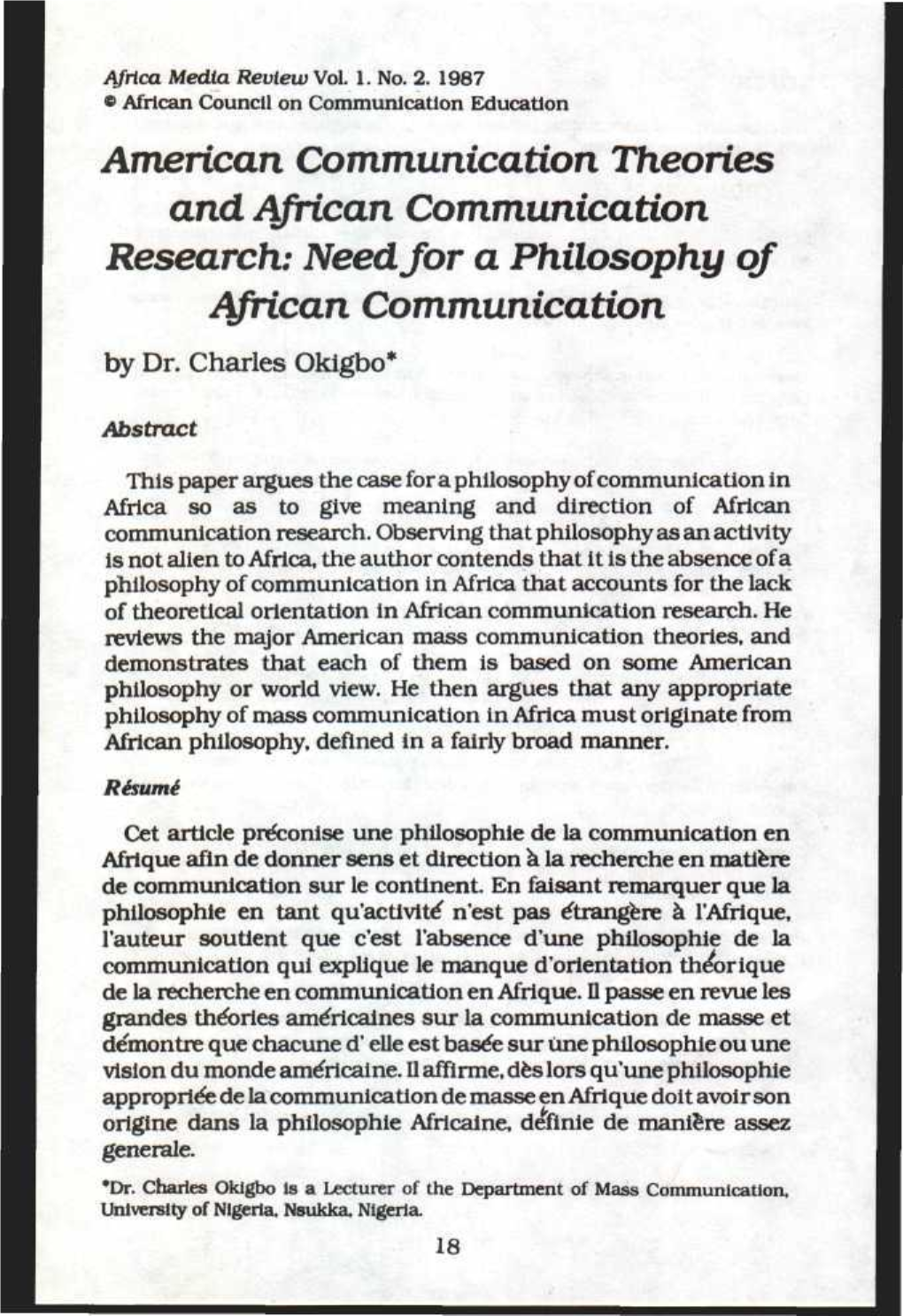 American Communication Theories and African Communication Research: Needjor a Philosophy of African Communication by Dr