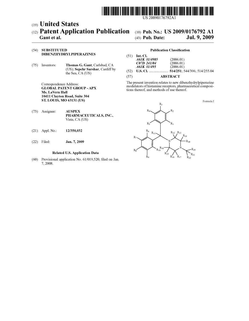 (12) Patent Application Publication (10) Pub. No.: US 2009/0176792 A1 Gant Et Al