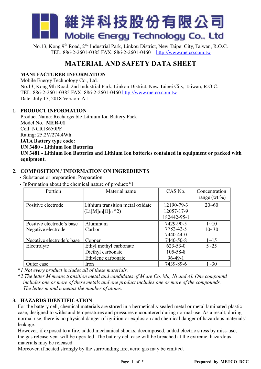 METCO MSDS for MER-01 Reva.1