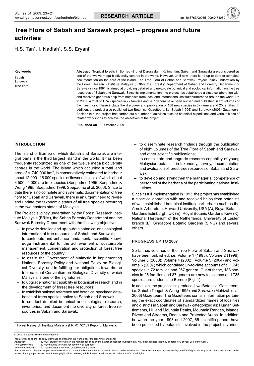 Tree Flora of Sabah and Sarawak Project ÂŒ Progress and Future