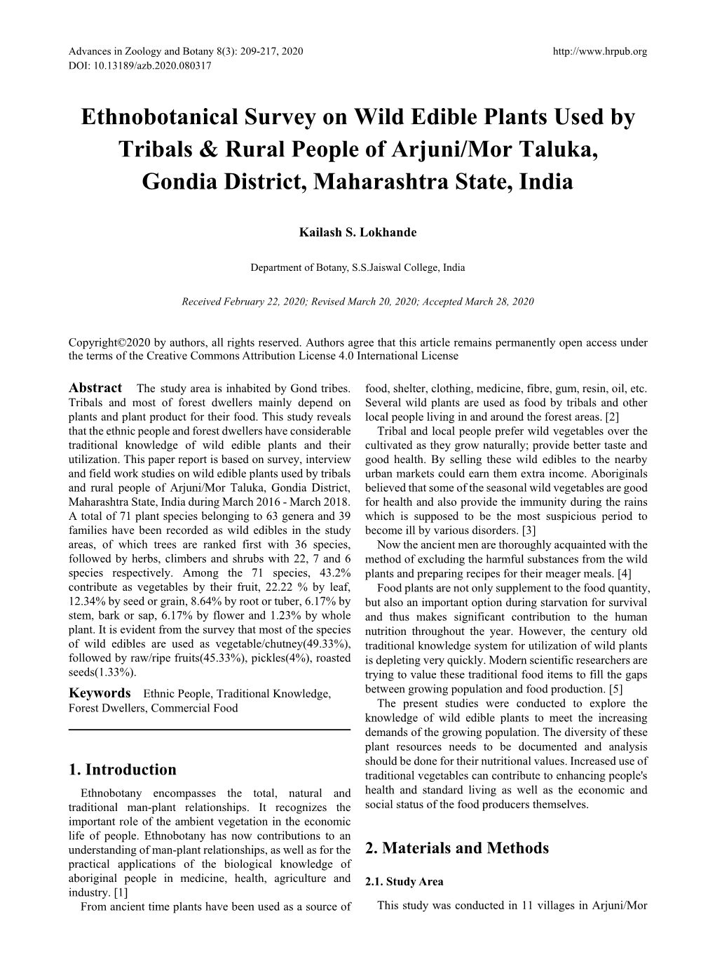 Ethnobotanical Survey on Wild Edible Plants Used by Tribals & Rural