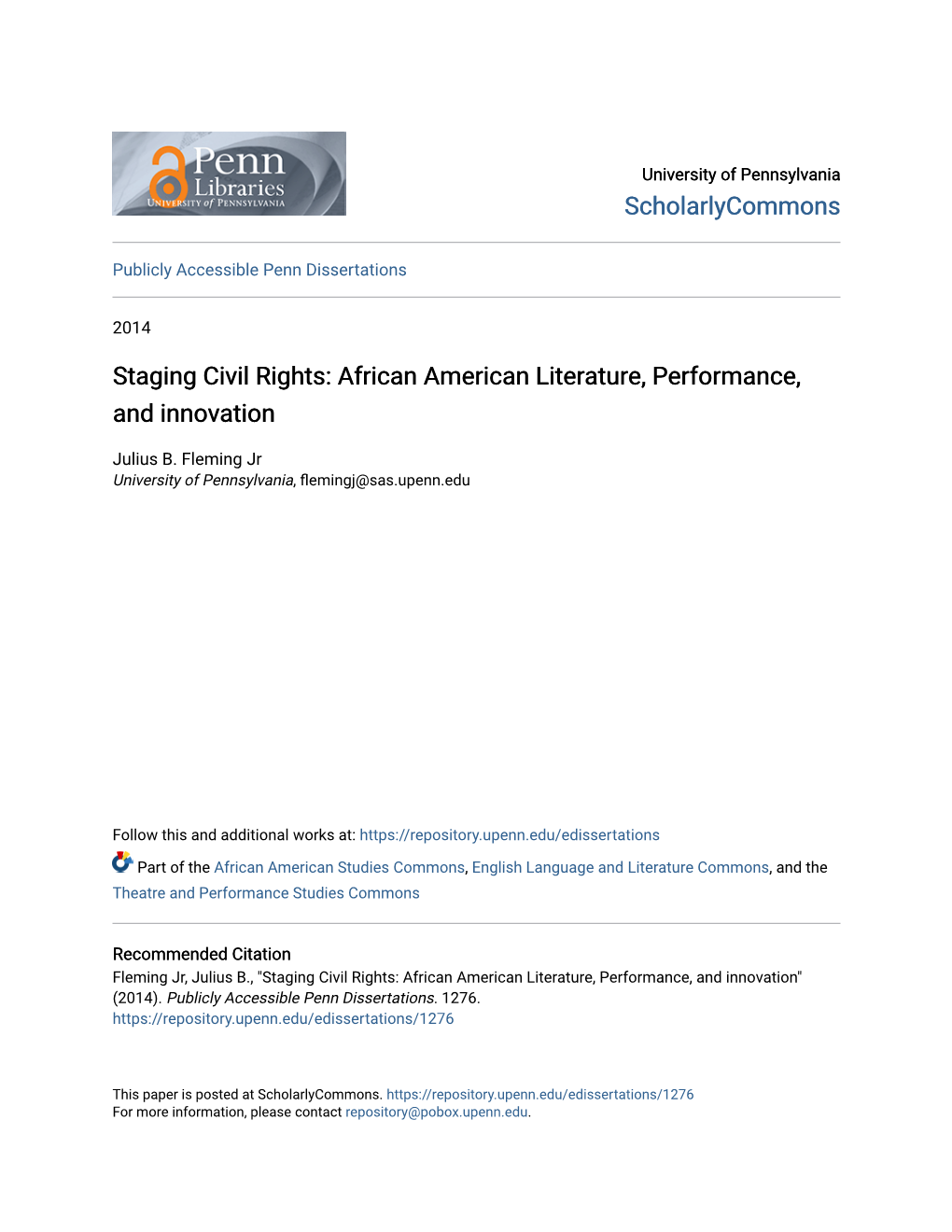 Staging Civil Rights: African American Literature, Performance, and Innovation