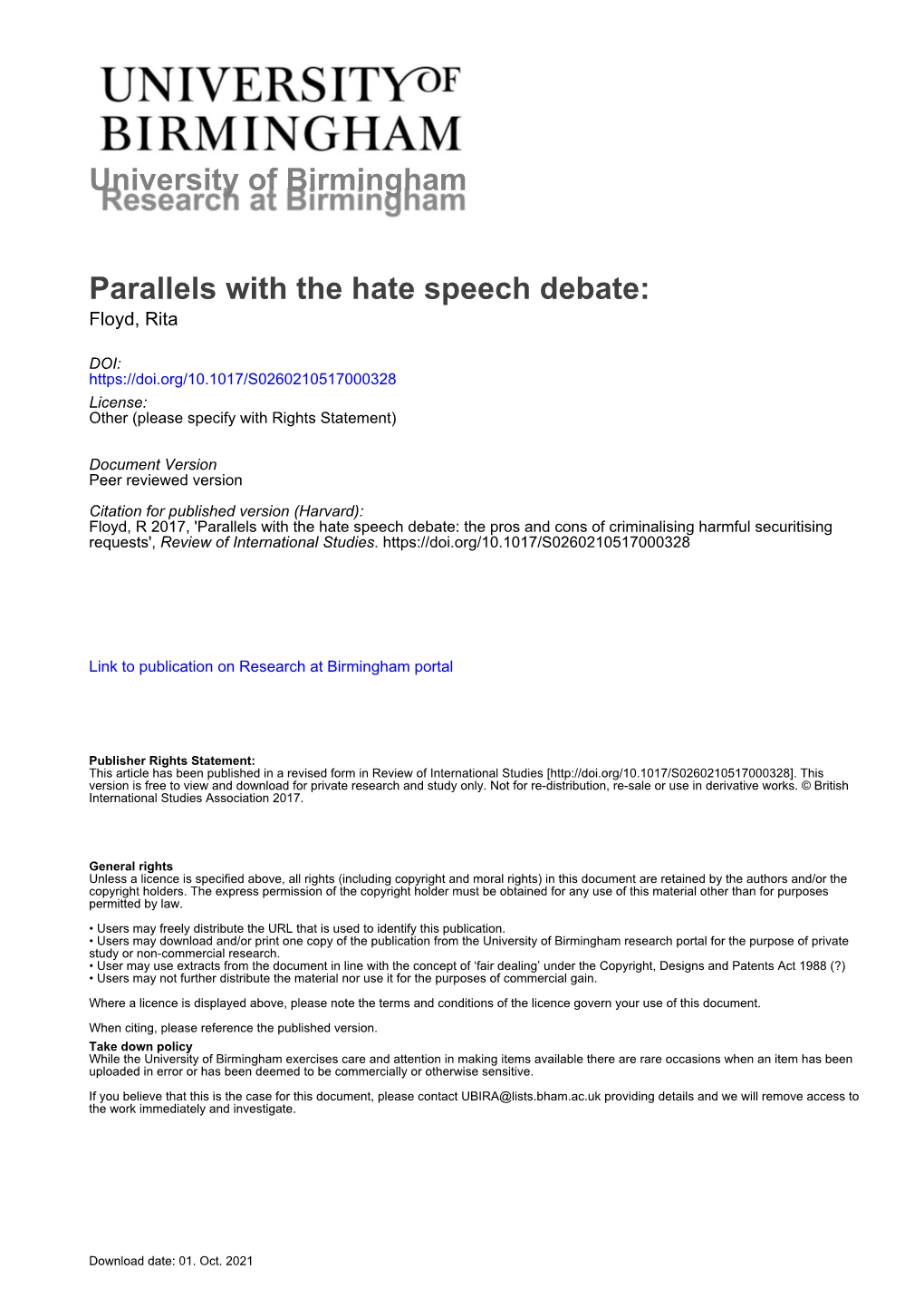 University of Birmingham Parallels with the Hate Speech Debate