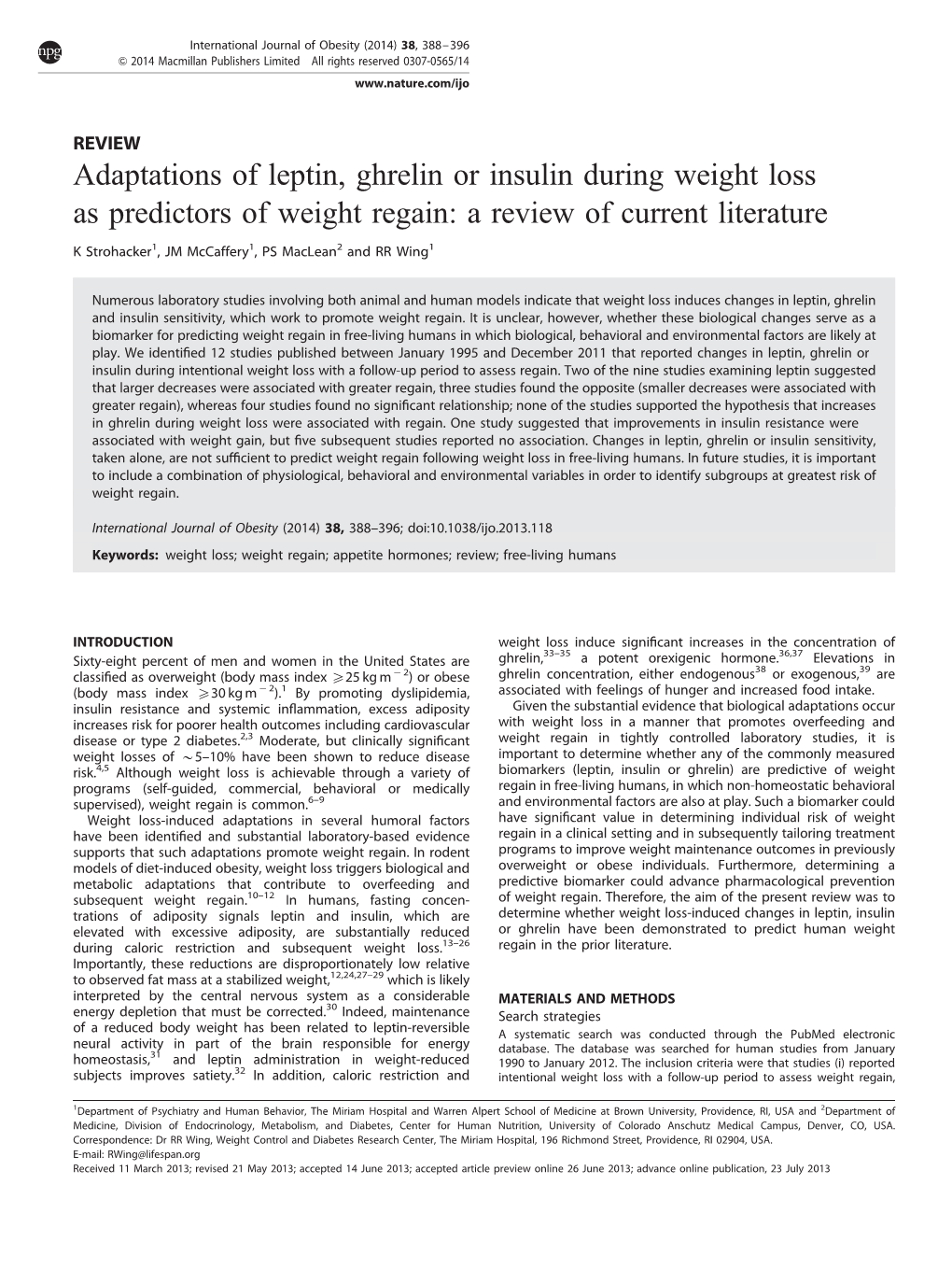 Adaptations of Leptin, Ghrelin Or Insulin During Weight Loss As Predictors of Weight Regain: a Review of Current Literature