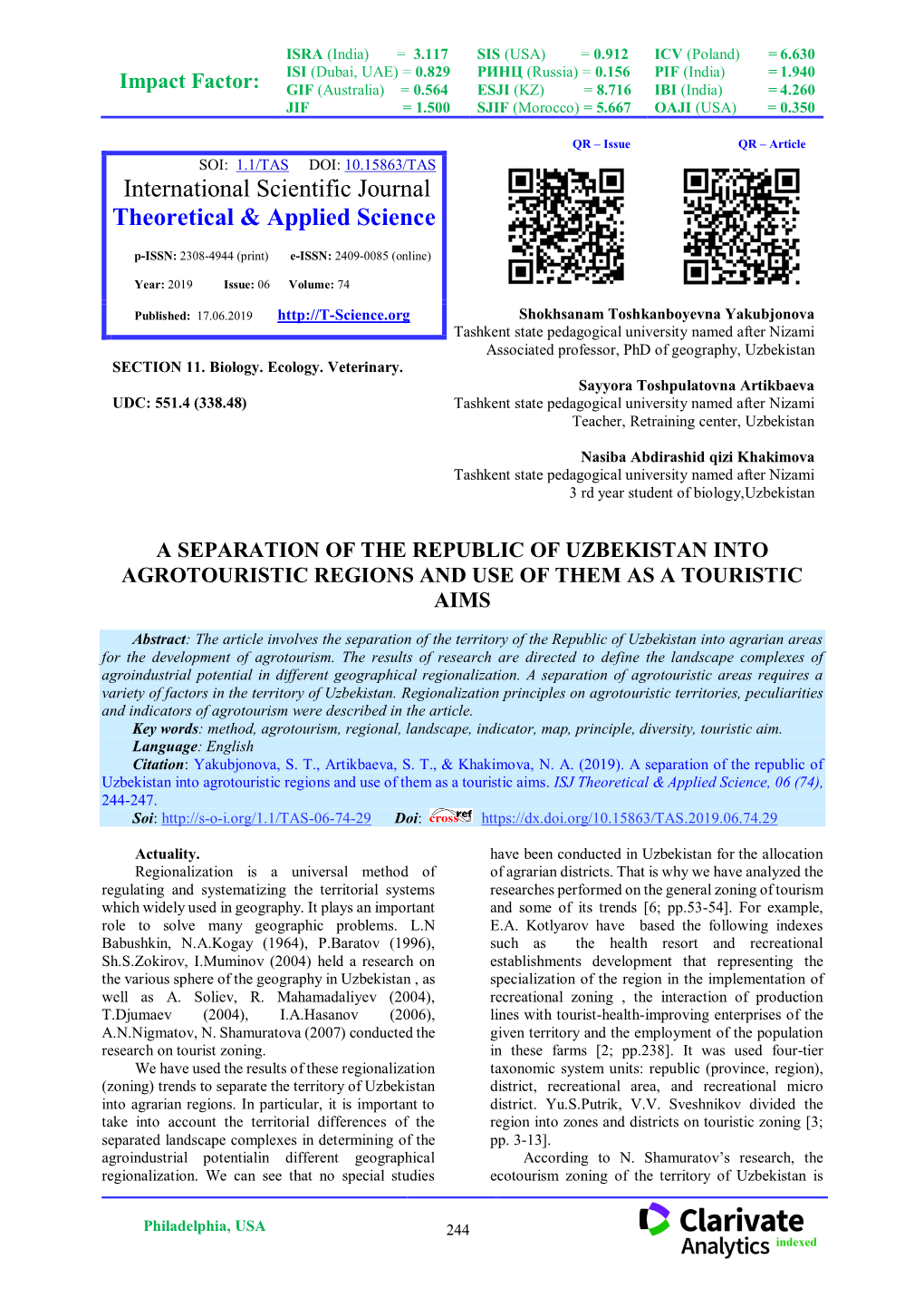 A Separation of the Republic of Uzbekistan Into Agrotouristic Regions and Use of Them As a Touristic Aims