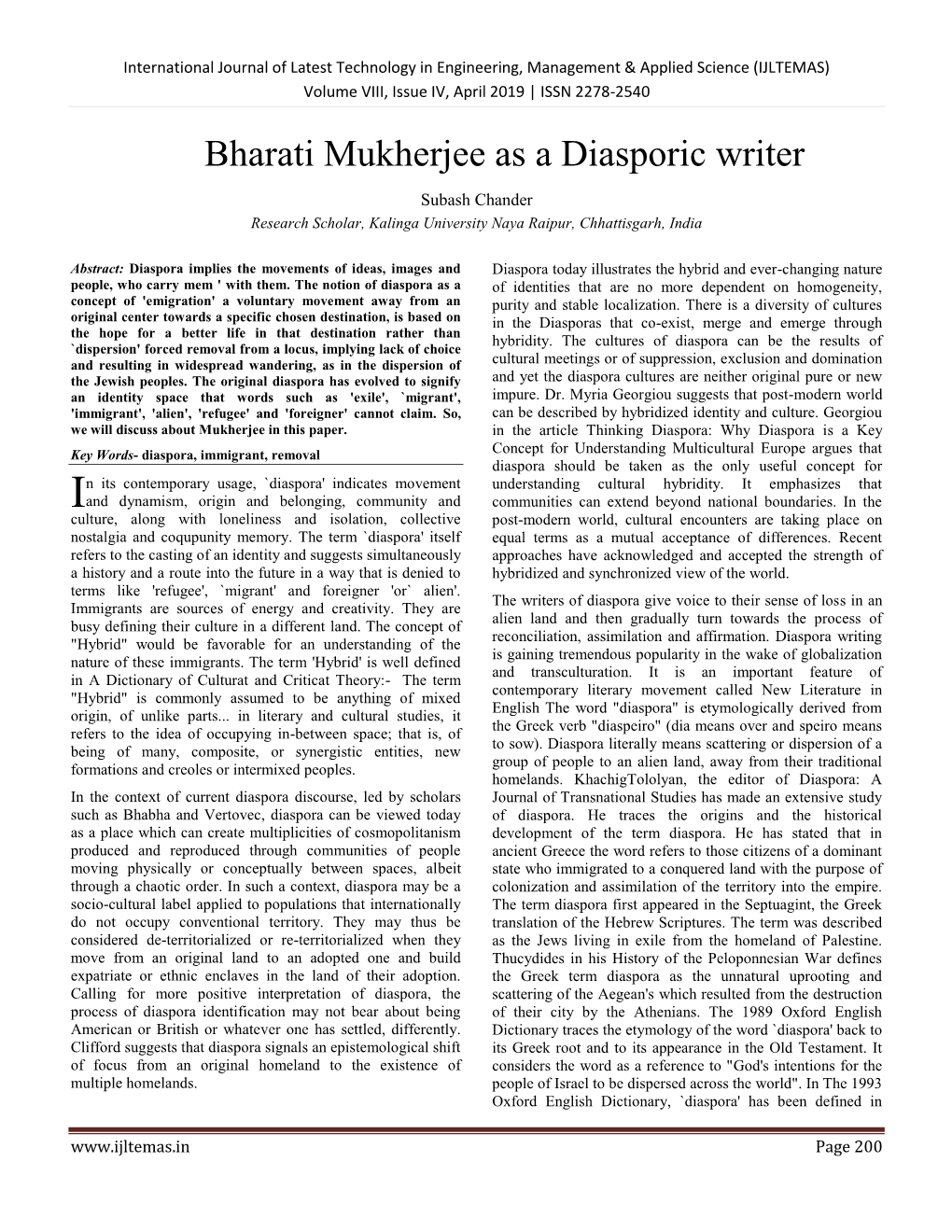 Bharati Mukherjee As a Diasporic Writer